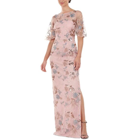 JS Collections Daphne Embroidered Flutter-Sleeve Gown Blush Multi Size 8 NWT - Picture 1 of 16